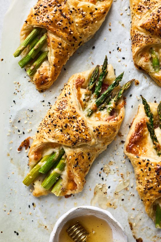 Asparagus Ham and Cheese PuffAchari paneer braided puff pastry recipe Pastry Bundles